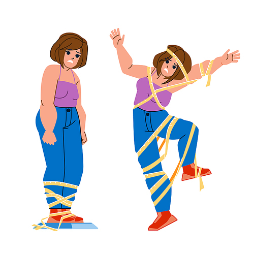 weight lose scale vector. diet loss, body health fat, nutrition slim woman, overweight yellow tape weight lose scale character. people flat cartoon illustration
