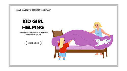 Kid Girl Helping Mother Cover Bed Housework Vector. Kid Girl Helping Mom Woman Covering Mattress With Bedsheet, Help Housekeeping. Characters Morning Routine Web Flat Cartoon Illustration