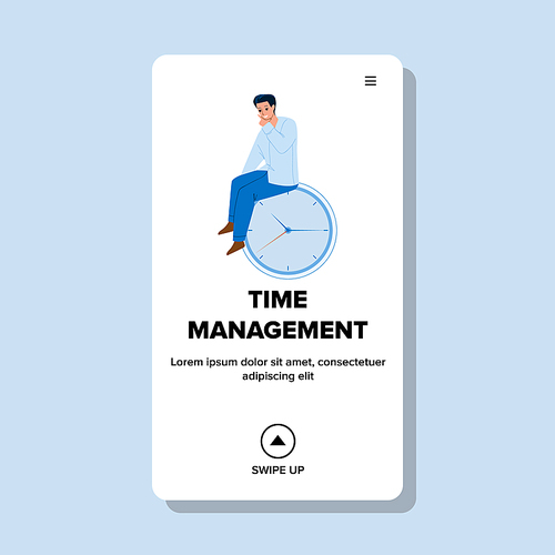 Time Management Businessman Occupation Vector. Boy Sitting On Clock Accessory And Time Management Of Project Or Startup Development. Character Manager Deadline Web Flat Cartoon Illustration