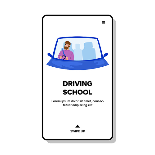 Driving School Student Practicing Drive Car Vector. Man Studying And Practice In Driving School. Character Learning And Examination For Driver License Web Flat Cartoon Illustration