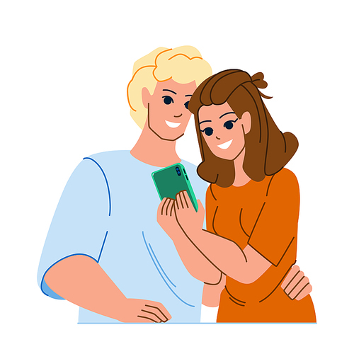 couple phone vector. happy man woman, smartphone young, mobile technology, internet cellphone app couple phone character. people flat cartoon illustration