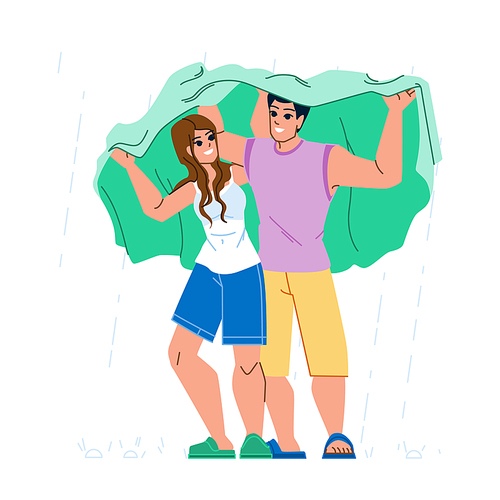 couple rain vector. love woman, man romance, wet people, young romantic, adult relationship, happy girl couple rain character. flat cartoon illustration