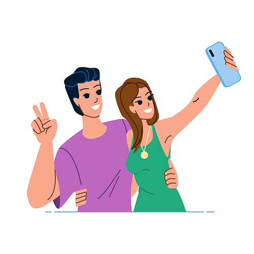 couple selfie vector. happy man, young woman, love fun, lifestyle summer, portrait girl, travel vacation couple selfie character. people flat cartoon illustration