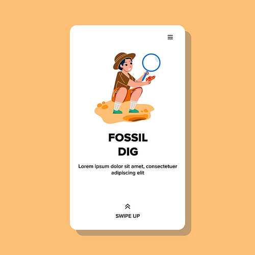 Archeology Fossil Dig Doing Schoolgirl Vector. Paleontology Fossil Dig Exploration And Researching School Girl With Magnifying Glass. Character Young Science Web Flat Cartoon Illustration