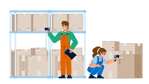 inventory control vector. warehouse industry, business storage, factory stock, delivery box, logistics distribution inventory control character. people flat cartoon illustration