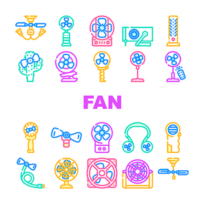 Fan Electronic Cooling Device Icons Set Vector. Ceiling And Floor Fan, Children Ventilator In Cactus Shape And Connected To Mobile Phone. Gadget With Remote Control And Manual Color Illustrations