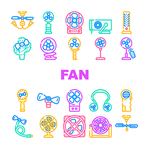 Fan Electronic Cooling Device Icons Set Vector. Ceiling And Floor Fan, Children Ventilator In Cactus Shape And Connected To Mobile Phone. Gadget With Remote Control And Manual Color Illustrations