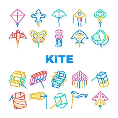 Flying Kite Children Funny Toy Icons Set Vector. Flying Kite In Airplane And Rocket Shape, Jellyfish And Fish Form, Stingray And Butterfly. Outdoor Game Enjoying Color Illustrations