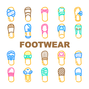 Home Footwear Comfortable Shoes Icons Set Vector. Domestic Elegant And Comfort Footwear, Leather And Textile Slippers For Walking On Beach Outdoor And House Indoor Color Illustrations