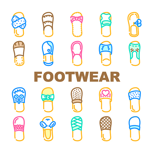 Home Footwear Comfortable Shoes Icons Set Vector. Domestic Elegant And Comfort Footwear, Leather And Textile Slippers For Walking On Beach Outdoor And House Indoor Color Illustrations