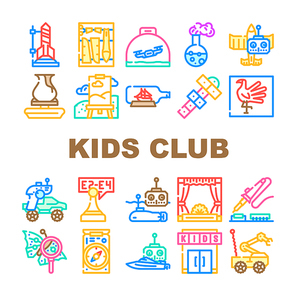 Kids Club Hobby Funny Occupation Icons Set Vector. Street Games And Sport Tourism, Theatrical And Chemistry Children Club, Air Simulation And Radio Controlled Car Sections Color Illustrations