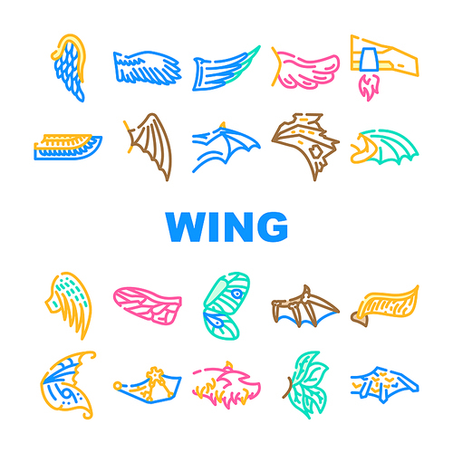 Wing Fly Animal, Bird And Insect Icons Set Vector. Butterfly And Cupid, Angel And Elf, Dragon And Gargoyle Or Vampire Wing. Flying Iron And Techno Accessory For Flying Color Illustrations