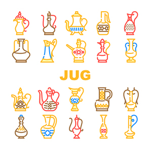 Arabic Jug Traditional Container Icons Set Vector. Arabic Jug For Boiling Arabian Tea, Coffee Or Water. Antique Pottery Earthenware For Storage And Carrying Beverage Color Illustrations