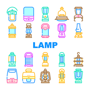 Camp Lamp Lighting Equipment Icons Set Vector. Vintage And Modern Electronic Camp Lamp Outdoor Device, Oil And Paraffin, Light Portable Gadget With Motion Sensor Color Illustrations