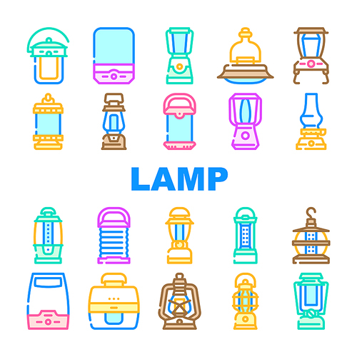 Camp Lamp Lighting Equipment Icons Set Vector. Vintage And Modern Electronic Camp Lamp Outdoor Device, Oil And Paraffin, Light Portable Gadget With Motion Sensor Color Illustrations