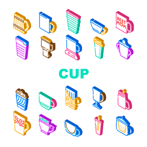 Cup Utensil For Drinking Beverage Icons Set Vector. Cup For Tea And Coffee Energy Hot Drink, Sports Shaker And For Tourist, Printed Kitchenware Wooden Material Mug Isometric Sign Color Illustrations