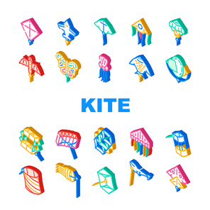 Flying Kite Children Funny Toy Icons Set Vector. Flying Kite In Airplane And Rocket Shape, Jellyfish And Fish Form, Stingray And Butterfly. Outdoor Game Enjoying Isometric Sign Color Illustrations