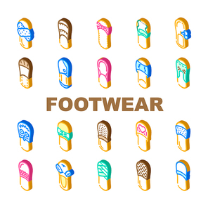 Home Footwear Comfortable Shoes Icons Set Vector. Domestic Elegant And Comfort Footwear, Leather And Textile Slippers For Walking On Beach Outdoor And House Indoor Isometric Sign Color Illustrations