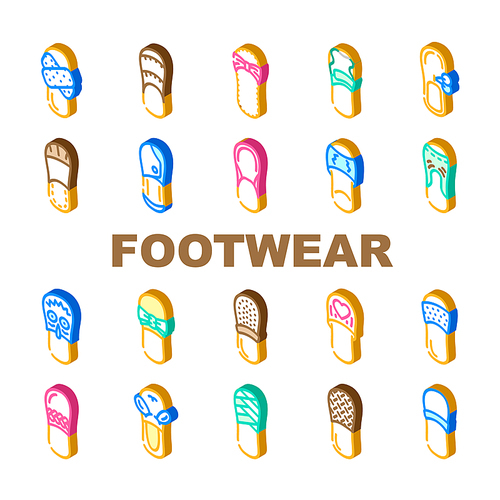 Home Footwear Comfortable Shoes Icons Set Vector. Domestic Elegant And Comfort Footwear, Leather And Textile Slippers For Walking On Beach Outdoor And House Indoor Isometric Sign Color Illustrations