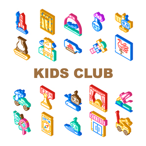 Kids Club Hobby Funny Occupation Icons Set Vector. Street Games Sport Tourism, Theatrical And Chemistry Children Club, Air Simulation Radio Controlled Car Sections Isometric Sign Color Illustrations