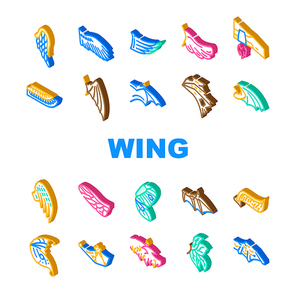 Wing Fly Animal, Bird And Insect Icons Set Vector. Butterfly And Cupid, Angel And Elf, Dragon And Gargoyle Or Vampire Wing. Flying Iron Techno Accessory For Flying Isometric Sign Color Illustrations