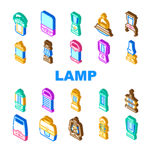 Camp Lamp Lighting Equipment Icons Set Vector. Vintage And Modern Electronic Camp Lamp Outdoor Device, Oil And Paraffin, Light Portable Gadget With Motion Sensor Isometric Sign Color Illustrations