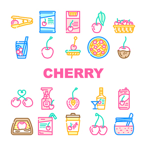 cherry fruit red white berry leaf icons set vector. sour flower, fresh spring branch, blossom sweet food, nature tree, juicy summer ripe cherry fruit red white berry leaf color line illustrations