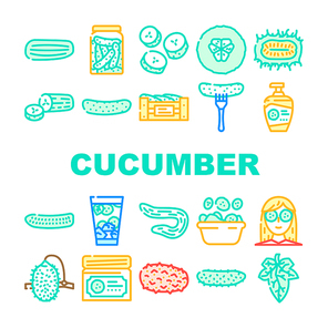 cucumber slice vegetable green icons set vector. white fresh salad, cut plant, food chopped, pickle piece, healthy harvest top cucumber slice vegetable green color line illustrations