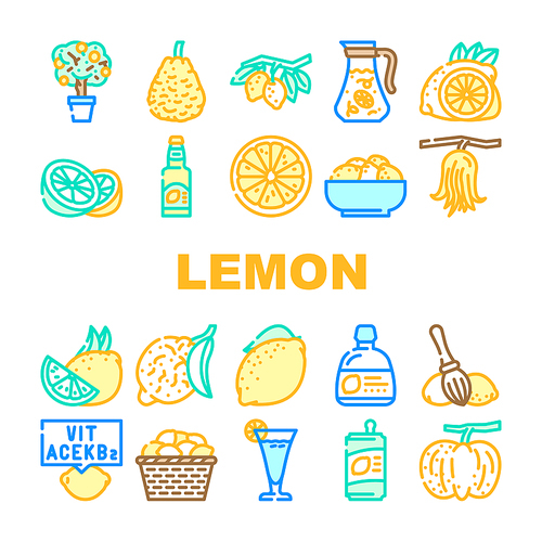 lemon fruit citrus slice fresh icons set vector. leaf, yellow food, lemonade juice, cut half, juicy citron, peel sour tropical leaves lemon fruit citrus slice fresh color line illustrations