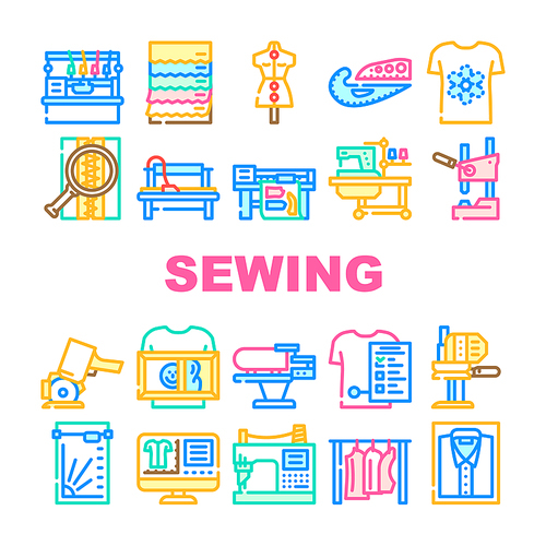 factory sewing sew machine icons set vector. tailor fabricthread, textile fashion, needle industry, needlework, woman seamstress factory sewing sew machine color line illustrations