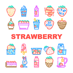 strawberry fruit fresh red berry icons set vector. food white, half cut, leaf green, sweet juicy slice, ripe dessert, organic summer strawberry fruit fresh red berry color line illustrations