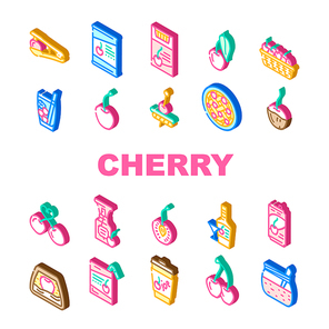 cherry fruit red white berry leaf icons set vector. sour flower, fresh spring branch, blossom sweet food, nature tree, juicy summer ripe cherry fruit red white berry leaf isometric sign illustrations