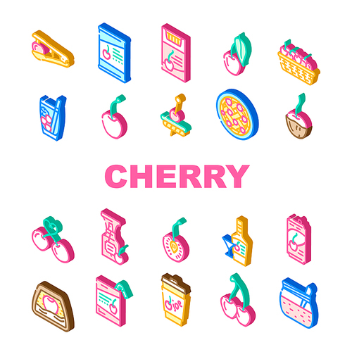 cherry fruit red white berry leaf icons set vector. sour flower, fresh spring branch, blossom sweet food, nature tree, juicy summer ripe cherry fruit red white berry leaf isometric sign illustrations