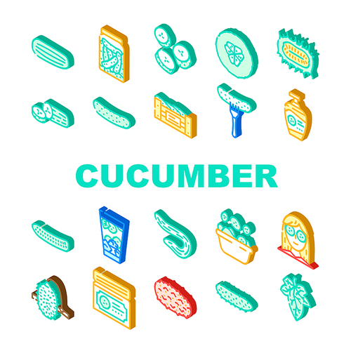 cucumber slice vegetable green icons set vector. white fresh salad, cut plant, food chopped, pickle piece, healthy harvest top cucumber slice vegetable green isometric sign illustrations