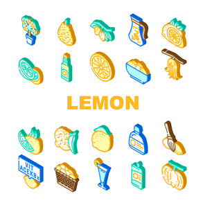lemon fruit citrus slice fresh icons set vector. leaf, yellow food, lemonade juice, cut half, juicy citron, peel sour tropical leaves lemon fruit citrus slice fresh isometric sign illustrations