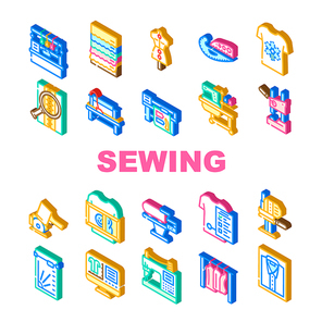 factory sewing sew machine icons set vector. tailor fabricthread, textile fashion, needle industry, needlework, woman seamstress factory sewing sew machine isometric sign illustrations