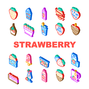 strawberry fruit fresh red berry icons set vector. food white, half cut, leaf green, sweet juicy slice, ripe dessert, organic summer strawberry fruit fresh red berry isometric sign illustrations