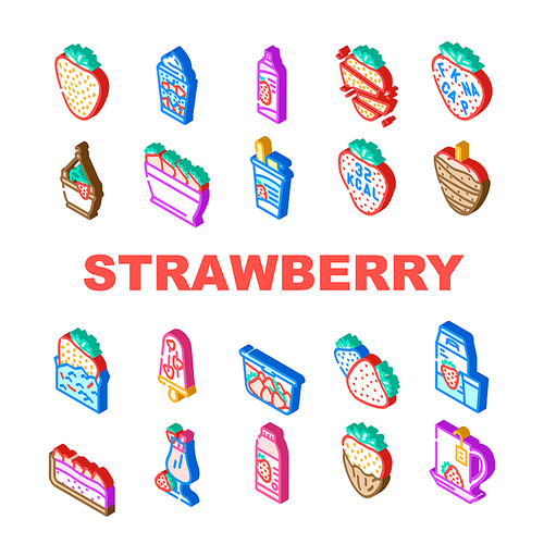 strawberry fruit fresh red berry icons set vector. food white, half cut, leaf green, sweet juicy slice, ripe dessert, organic summer strawberry fruit fresh red berry isometric sign illustrations