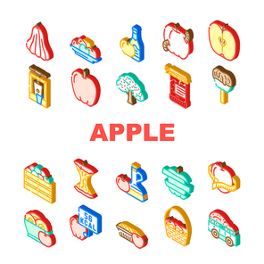 apple red food green leaf freash icons set vector. slice half. Healtthy organic cut, diet sweet, juicy ripe piece, juice nature art apple red food green leaf freash isometric sign illustrations