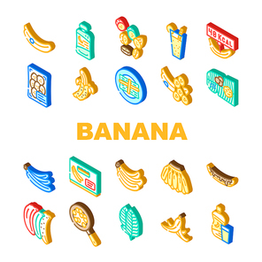 banana fruit food yellow white icons set vector. peel bunch, ripe fresh sweet, tropical healthy, green organic raw snack slice, delicious banana fruit food yellow white isometric sign illustrations