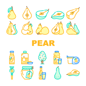 pear fruit half food slice icons set vector. white green leaf, cut fresh juicy ripe, asian organic raw piece, tree pear fruit half food slice color line illustrations