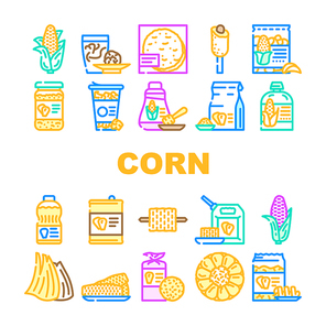 corn maize sweet plant cob icons set vector. white green farm, field grain food, leaf agriculture yellow vegetable, popcorn seed corn maize sweet plant cob color line illustrations