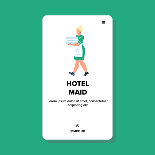 Hotel Maid Service Woman Profession And Job Vector. Hotel Maid Lady Carry Fresh Clean Blanket In Apartment. Character Girl In Uniform Housekeeping In Motel Web Flat Cartoon Illustration