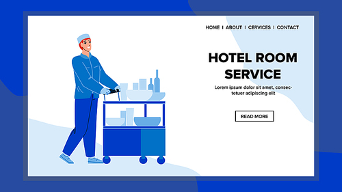 Hotel Room Service Man Carry Food And Drink Vector. Hotel Room Service Worker In Professional Uniform Carrying Nutrition And Beverage To Visitor Apartment. Character Web Flat Cartoon Illustration