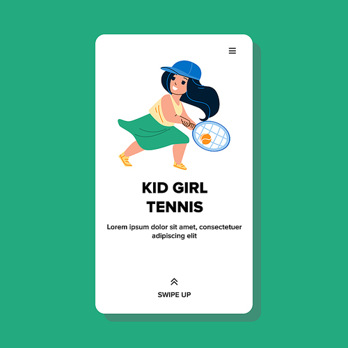 Kid Girl Playing Tennis Sport Game On Court Vector. Schoolgirl Child Play Tennis With Racket And Ball With Friend. Character Sportive Activity And Training Web Flat Cartoon Illustration