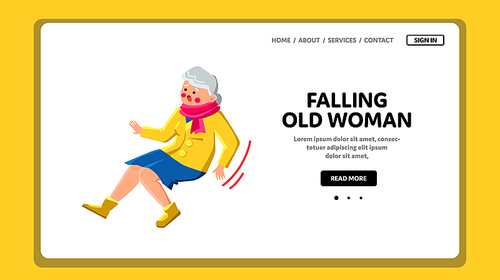 falling old woman vector. senior person, fall floor, home pain, down care, attack grandmother, aged elderly falling old woman character. people flat cartoon illustration