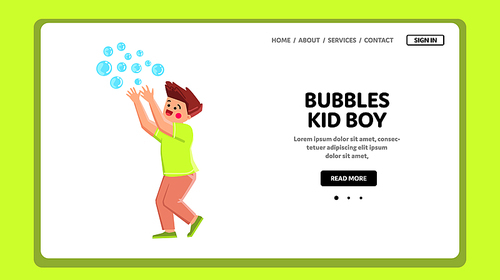 bubbles kid boy vector. child happy soap, summer play, spring nature, grass fun, green people, blowing outdoor bubbles kid boy character. people flat cartoon illustration