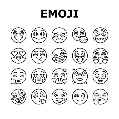 Emoji Emotional Funny Smile Face Icons Set Vector. Lol And Like, Love Heart Ad Confused, Happy And Sad Emoji. Expressive Emoticon For Communication, Sending Message Black Contour Illustrations