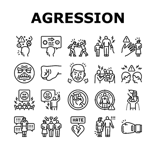 violence first aggressive hand icons set vector. anger conflict, aggression human fight, man people abuse, angry power crime protest violence first aggressive hand black contour illustrations