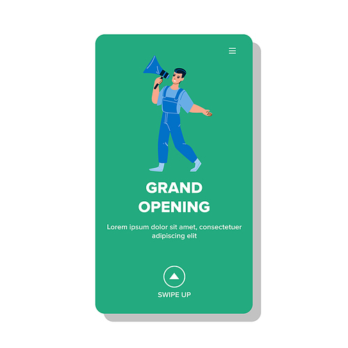 Grand Opening Advertising Man In Megaphone Vector. Guy With Loudspeaker Announcing Mall Or Fashion Store Grand Opening. Character Marketing And Advertisement Business Web Flat Cartoon Illustration